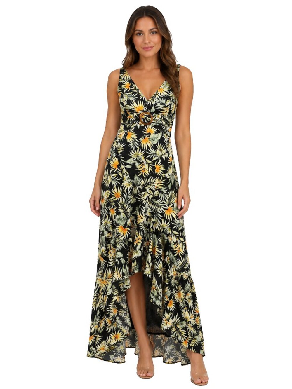 AKIRA Tropical Floral Maxi Dress Large Resort Cruise Wear Vacation Glam
